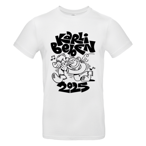 Weißes T‑Shirt mit schwarzem Cartoon einer tanzenden Figur und Schriftzug KARLI BOLGEN 2025