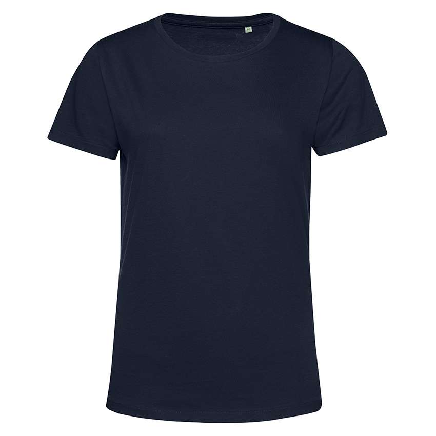 Dunkelblaues, schlichtes Damen-T-Shirt mit Rundhalsausschnitt vor weißem Hintergrund.