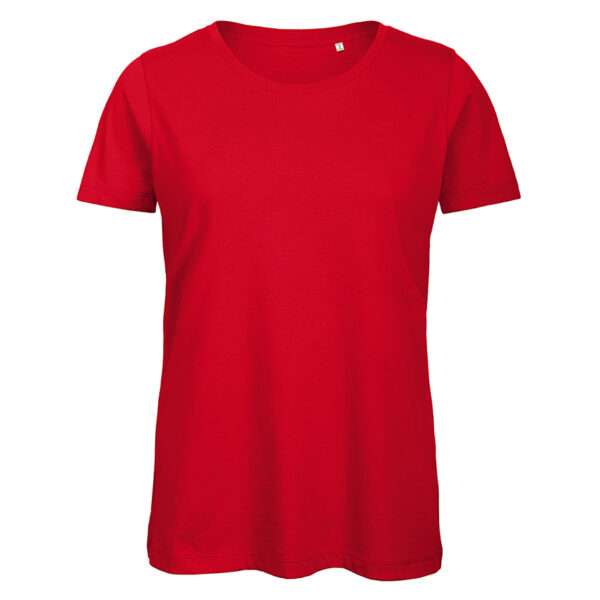 Rotes kurzärmeliges Damen‑T-Shirt mit Rundhalsausschnitt auf weißem Hintergrund