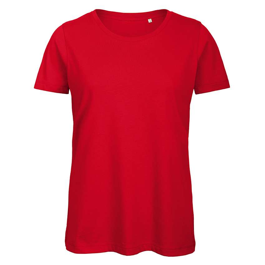 Rotes kurzärmeliges Damen‑T-Shirt mit Rundhalsausschnitt auf weißem Hintergrund