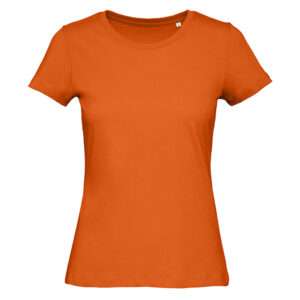 Orangenfarbenes, tailliertes Damen-T-Shirt mit Rundhals und kurzen Ärmeln