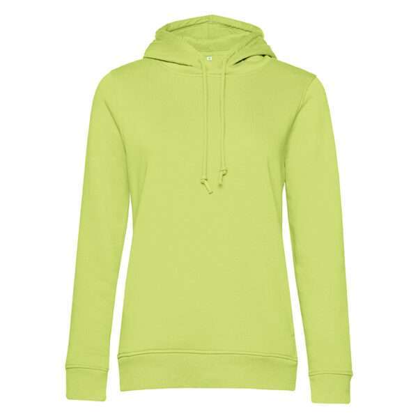 Hellgrüner Kapuzenpullover mit Kordel, frontal auf weißem Hintergrund