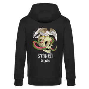 Schwarzer Hoodie mit Totenkopf, grüner Schlange, Adler und Schriftzug STONED Leipzig