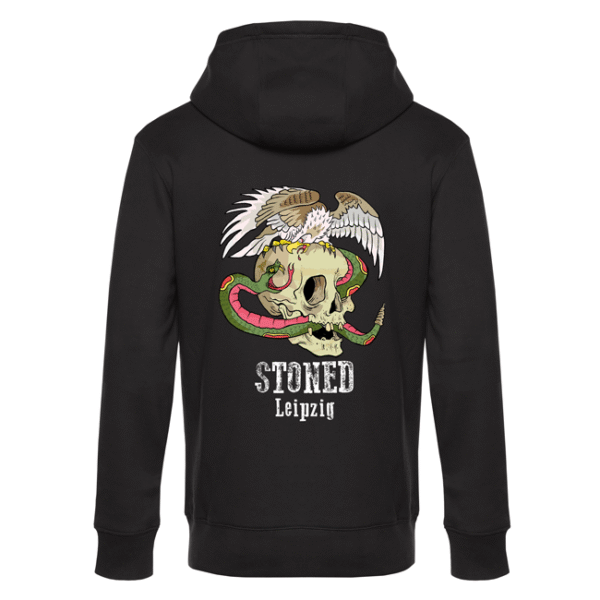 Schwarzer Hoodie mit Totenkopf, grüner Schlange, Adler und Schriftzug STONED Leipzig