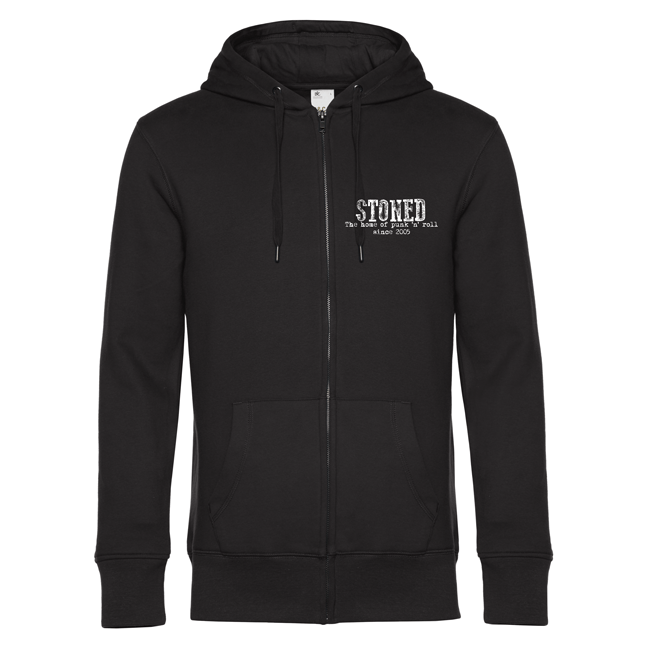 Schwarzer Reißverschluss-Hoodie mit weißem STONED-Logo auf der linken Brust