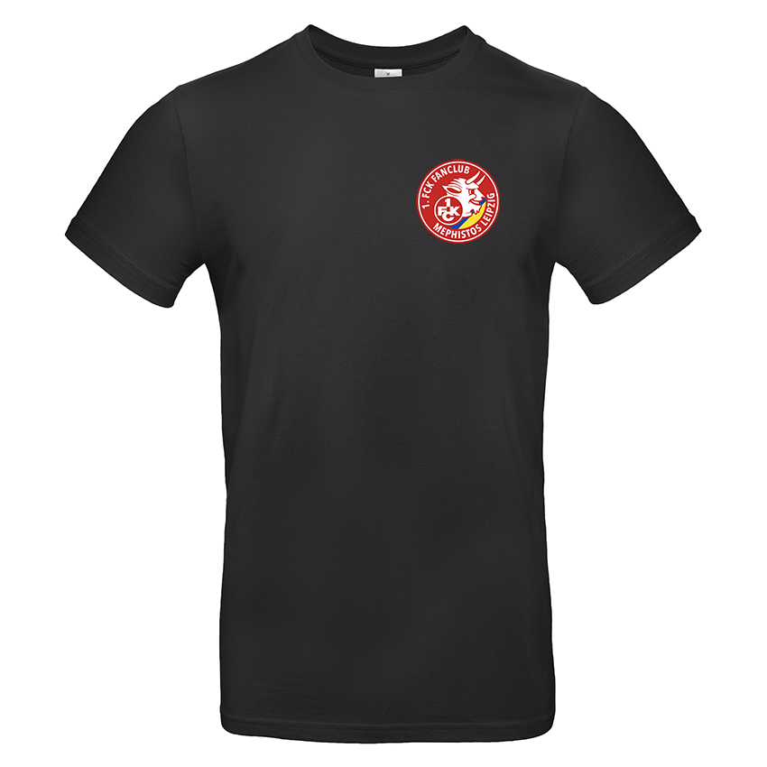 Schwarzes T-Shirt mit kleinem roten Fanclub-Logo auf linker Brust