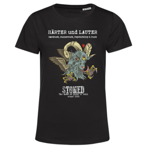 Schwarzes T‑Shirt mit geflügelter Ziegen‑Dämonen‑Grafik und Rock‑Schriftzug