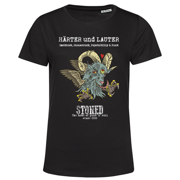 Schwarzes T‑Shirt mit geflügelter Ziegen‑Dämonen‑Grafik und Rock‑Schriftzug