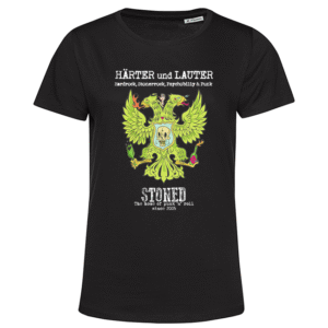 Schwarzes T‑Shirt mit neongrünem Doppelkopfadler, Totenkopf und Rock‑Schriftzug