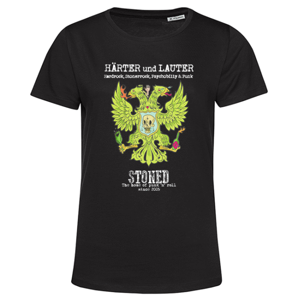 Schwarzes T‑Shirt mit neongrünem Doppelkopfadler, Totenkopf und Rock‑Schriftzug