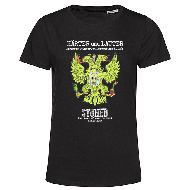 Schwarzes T‑Shirt mit neongrünem Doppelkopfadler, Totenkopf und Rock‑Schriftzug