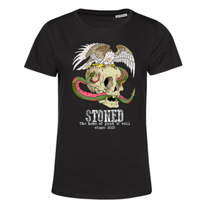 Schwarzes T‑Shirt mit Totenkopf, grün-roter Schlange und Adler, Schriftzug STONED