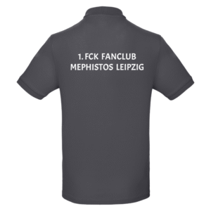 Rückansicht eines dunkelgrauen Poloshirts mit weißer Aufschrift 1. FCK FANCLUB MEPHISTOS LEIPZIG