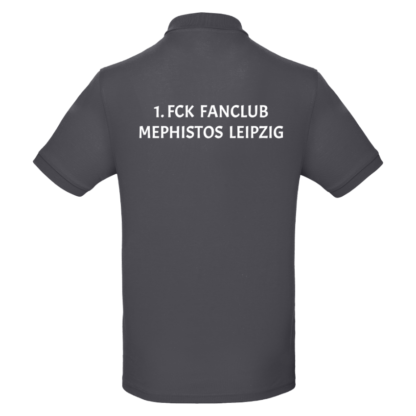 Rückansicht eines dunkelgrauen Poloshirts mit weißer Aufschrift 1. FCK FANCLUB MEPHISTOS LEIPZIG
