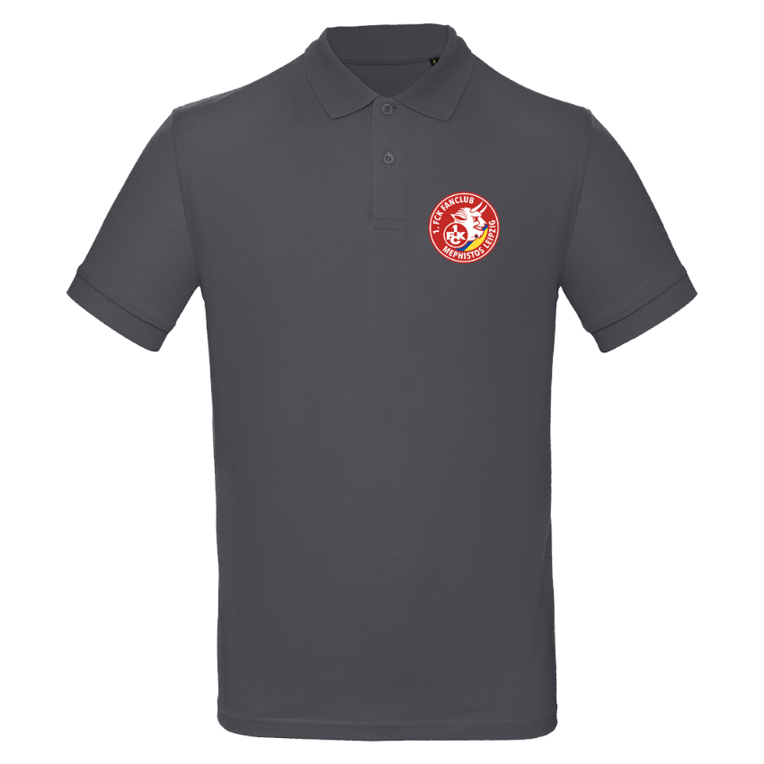 Dunkelgraues Polohemd mit kleinem rotem Vereinslogo auf der Brust
