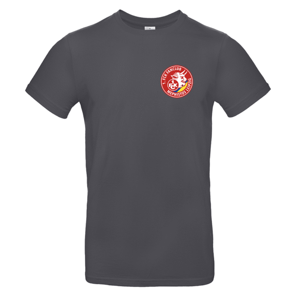 Dunkelgraues T‑Shirt mit kleinem rundem rotem Fanclub‑Logo links auf der Brust