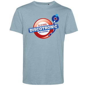 Hellblaues T‑Shirt mit rotem Discologo, blauem DISCOTRONIC‑Schriftzug und Plattenarm