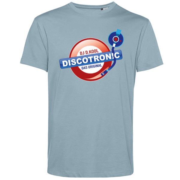 Hellblaues T‑Shirt mit rotem Discologo, blauem DISCOTRONIC‑Schriftzug und Plattenarm