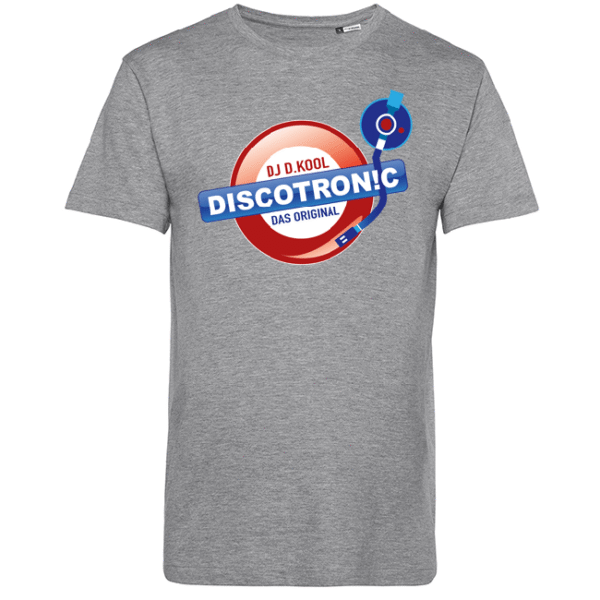 Graues T‑Shirt mit großem Discotronic‑Logo: roter Kreis und blauer Plattenspielerarm