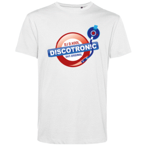 Weißes T-Shirt mit buntem Discotronic-Logo und Plattenspieler-Tonarm