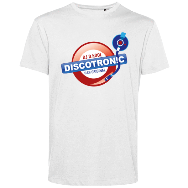 Weißes T-Shirt mit buntem Discotronic-Logo und Plattenspieler-Tonarm