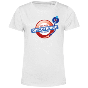 Weißes T‑Shirt mit farbigem Discotronic‑Logo und Plattenspieler‑Arm