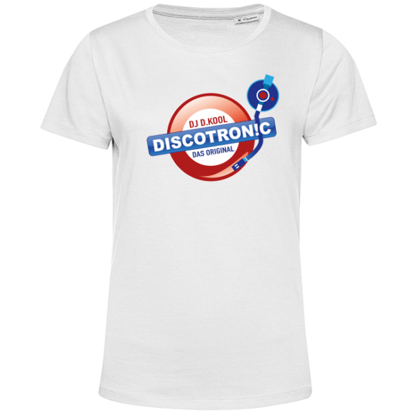 Weißes T‑Shirt mit farbigem Discotronic‑Logo und Plattenspieler‑Arm