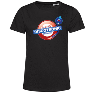 Schwarzes T‑Shirt mit farbigem Discotronic-Logo und Plattenspieler-Design