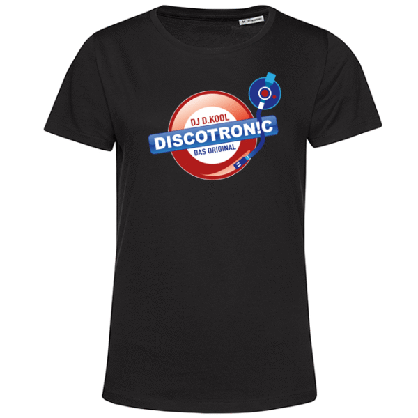 Schwarzes T‑Shirt mit farbigem Discotronic-Logo und Plattenspieler-Design