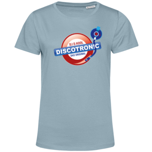 Hellblaues Damen-T-Shirt mit Discotronic-Logo und Plattenspieler-Tonarm