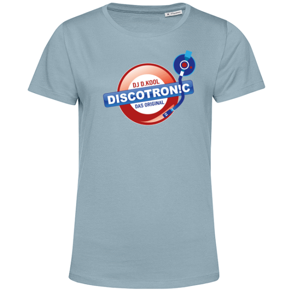 Hellblaues Damen-T-Shirt mit Discotronic-Logo und Plattenspieler-Tonarm