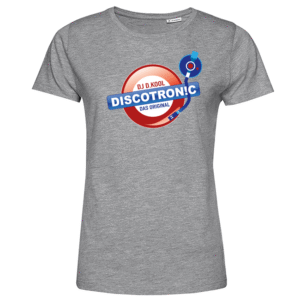 Graues Damen-T-Shirt mit Discotronic-DJ-Logo auf der Brust