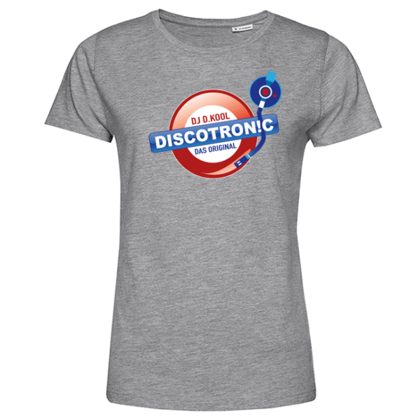 Graues Damen-T-Shirt mit Discotronic-DJ-Logo auf der Brust