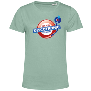 Mintgrünes T‑Shirt mit Discotronic-Logo, rotes Plattenmotiv und blauer Tonarm