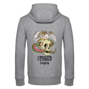 Grauer Hoodie-Rücken mit Schädel, grüner Schlange, Vogel und Schriftzug STONED Leipzig