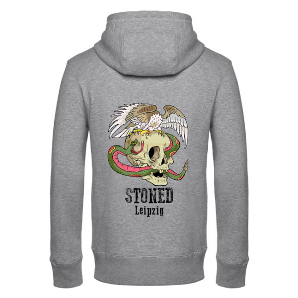 Grauer Hoodie-Rücken mit Schädel, grüner Schlange, Vogel und Schriftzug STONED Leipzig