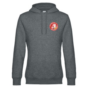 Grauer Kapuzenpullover mit kleinem rotem Vereinslogo auf linker Brust