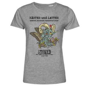 Graues Damen-T-Shirt mit buntem gehörntem Ziegenkopf, Flügeln und Schriftzug HÄRTER und LAUTER.