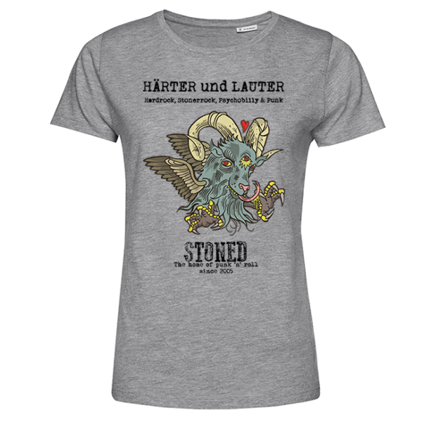 Graues Damen-T-Shirt mit buntem gehörntem Ziegenkopf, Flügeln und Schriftzug HÄRTER und LAUTER.