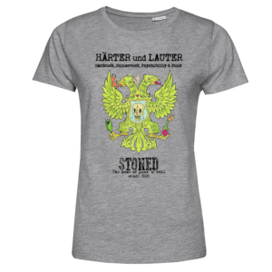 Graues Damen-T-Shirt mit neon-grünem Doppeladler-Schädelmotiv und HÄRTER und LAUTER-Schriftzug