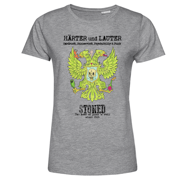 Graues Damen-T-Shirt mit neon-grünem Doppeladler-Schädelmotiv und HÄRTER und LAUTER-Schriftzug