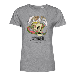 Graues T‑Shirt mit Totenkopf, Schlange, Adler und Schriftzug STONED