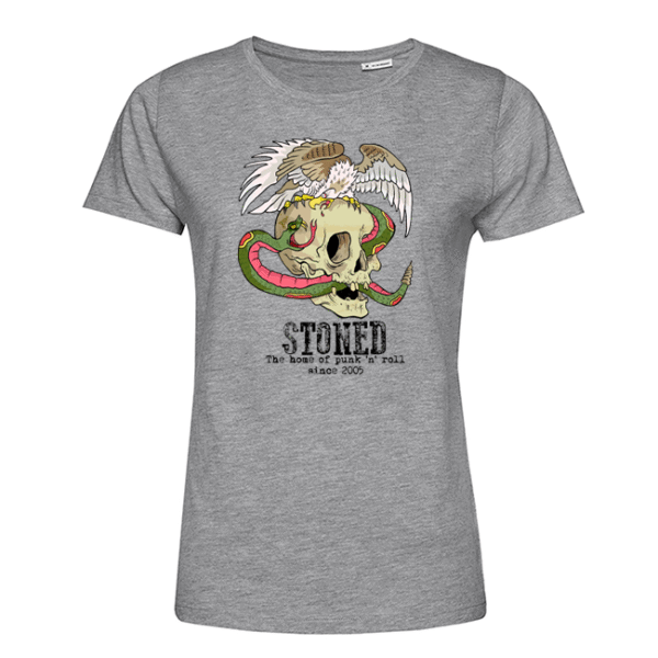 Graues T‑Shirt mit Totenkopf, Schlange, Adler und Schriftzug STONED