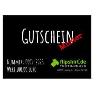 Schwarzer Gutschein mit weißer Aufschrift GUTSCHEIN, rotem Stempel Muster und grünem Flipshirt-Logo