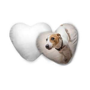 Herzförmiges Kissen mit Hundefoto eines neugierigen Jack-Russell-Terriers