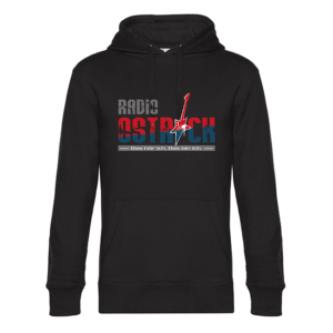 Schwarzer Kapuzenpullover mit Radio Ostrock-Logo, E-Gitarre und Slogan darunter