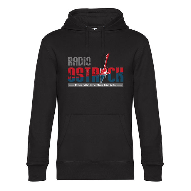 Schwarzer Kapuzenpullover mit Radio Ostrock-Logo, E-Gitarre und Slogan darunter