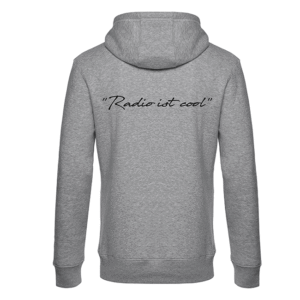 Grau melierter Hoodie von hinten mit Handlettering-Schriftzug „Radio ist cool“ auf dem Rücken.
