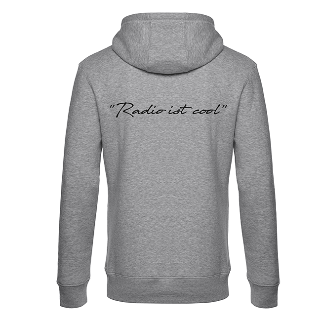 Grau melierter Hoodie von hinten mit Handlettering-Schriftzug „Radio ist cool“ auf dem Rücken.