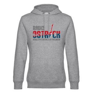 Grauer Kapuzenpullover mit blau-rotem Radio OSTRICK-Logo und E‑Gitarre